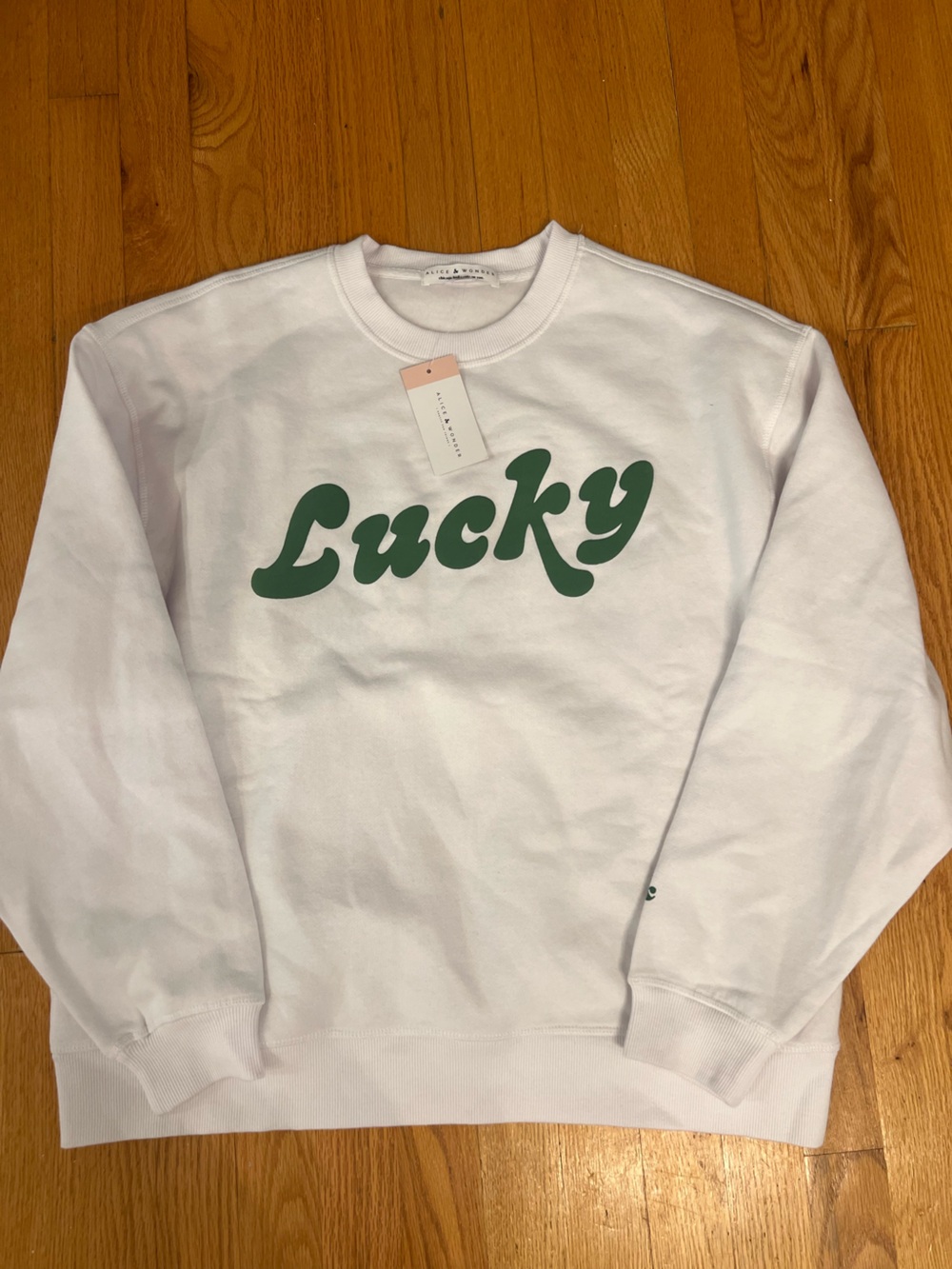 Alice & Wonder Lucky White Sweatshirt with Green Script